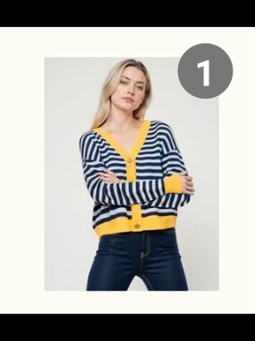 New York & Company Navy and Yellow Striped V-Neck Cardigan